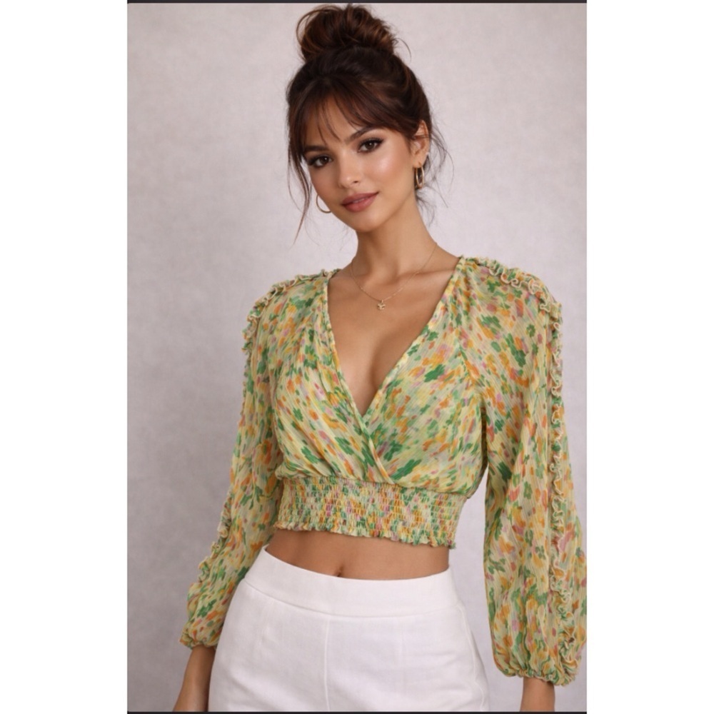 Astr Bellona Watercolor Yellow Floral Smocked Semi-sheer Coquette Crop Top XS
